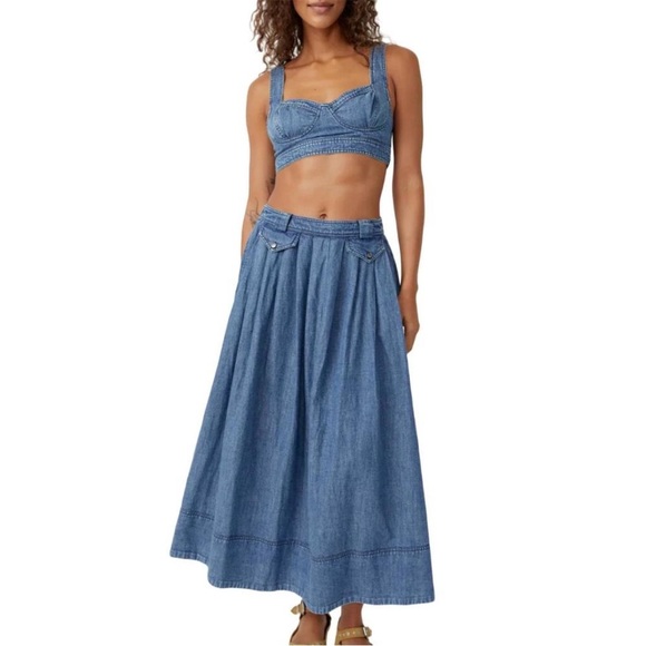 🆕 FREE PEOPLE 2-Piece Maddox Denim Skirt + Top Set in Blue Shadow - Picture 3 of 15